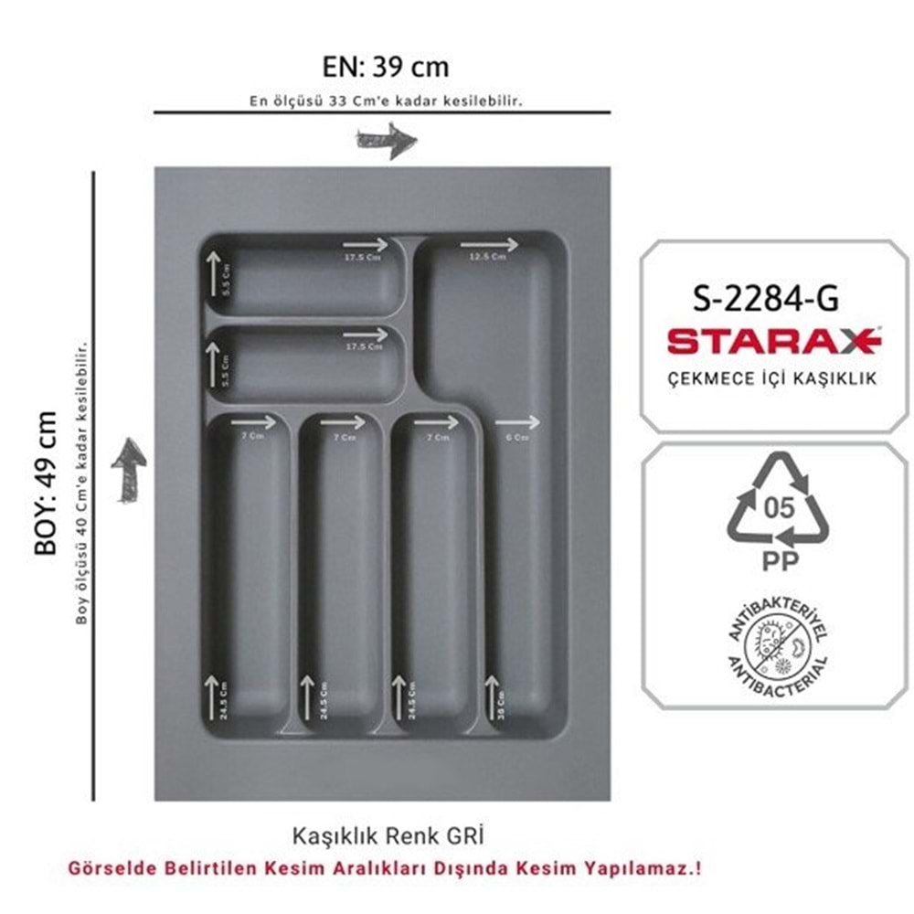 39x49 CM Starax Çekmece İçi Kaşıklık Antrasit Çekmece içi Düzenleyici Anti-Bakteriyel