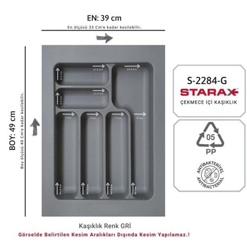Starax Çekmece İçi Kaşıklık 39x49 CM Gri Çekmece içi Düzenleyici Anti-Bakteriyel
