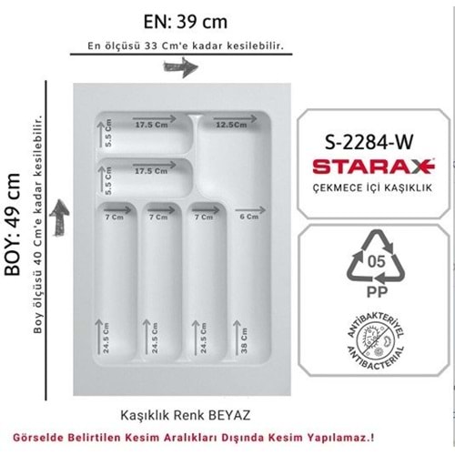 Starax Çekmece İçi Kaşıklık 39x49 CM Beyaz Çekmece içi Düzenleyici Anti-Bakteriyel