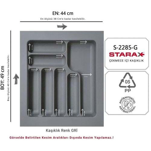 Starax Çekmece İçi Kaşıklık 44x49 CM Gri Çekmece içi Düzenleyici Anti-Bakteriyel