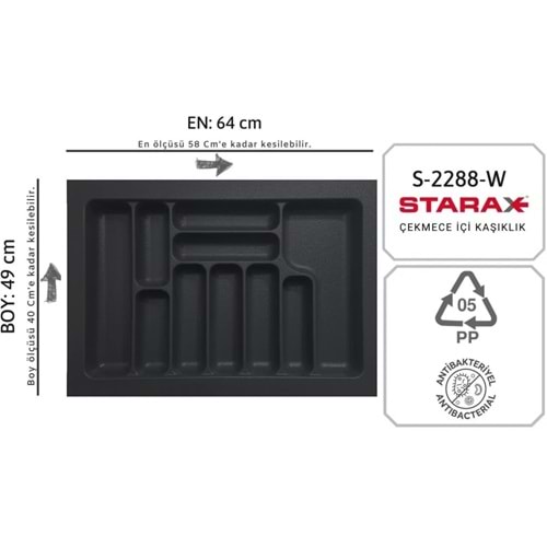 Starax Çekmece İçi Kaşıklık 64x49 CM Antrasit Çekmece içi Düzenleyici Anti-Bakteriyel