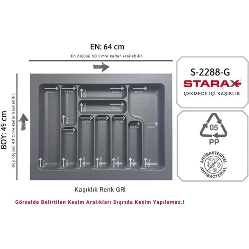 Starax Çekmece İçi Kaşıklık 64x49 CM Gri Çekmece içi Düzenleyici Anti-Bakteriyel