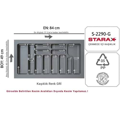 Starax Çekmece İçi Kaşıklık 84x49 CM Gri Çekmece içi Düzenleyici Anti-Bakteriyel